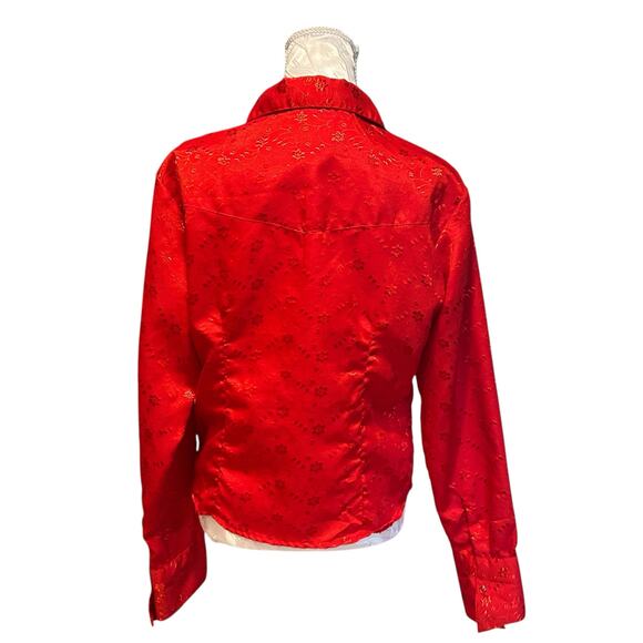 Vintage Panhandle Slim Red Satin Embroidered Floral Ruffle Shirt Womens Sz Large - Picture 2 of 16
